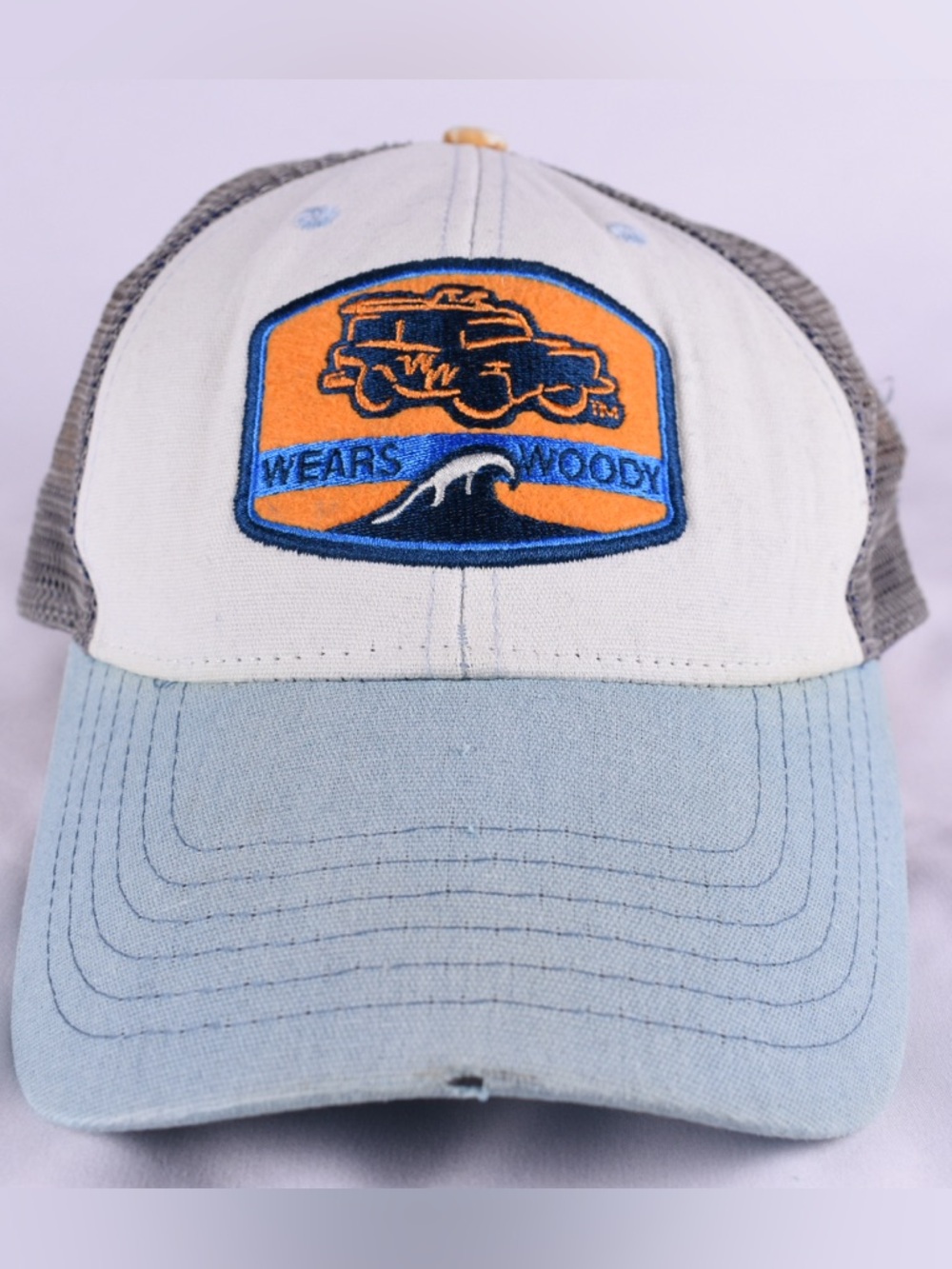 Cream and Light Blue Trucker Hat with Orange Patch